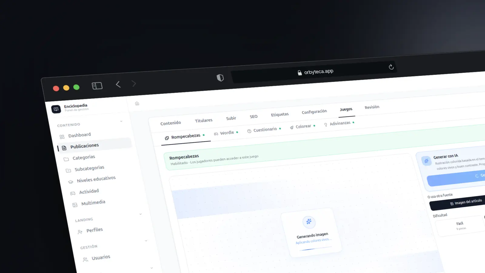 Vista del proyecto Orbyteca — captura 3